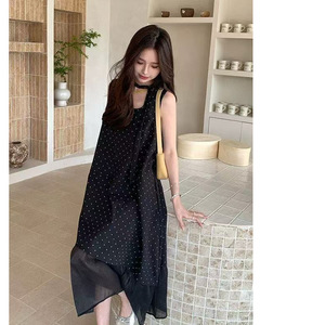 Elegant French Style Polka Dot Patchwork Asymmetric Sleeveless Long Dress For Women Daily City Commuting Natural Waistline - Product Image 3