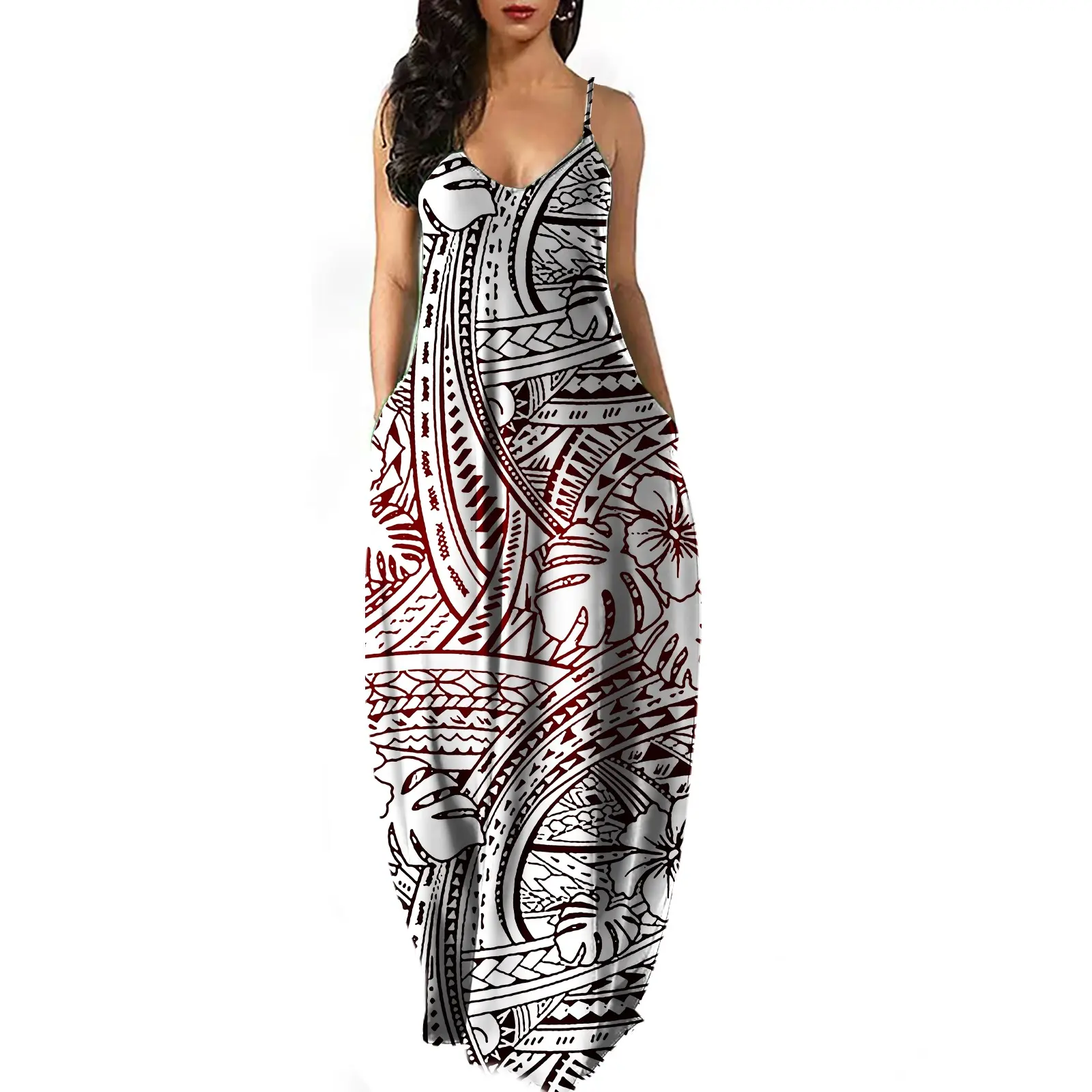 1MOQ özel Logo baskı bayanlar uzun Maxi elbiseler polinezya dövme kadınlar yaz rahat spagetti kayışı V boyun kolsuz elbise