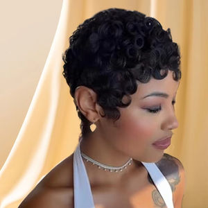 Perruque <span class=keywords><strong>Wiggins</strong></span> courte bouclée dégradée coupe pixie 8 pouces HD en dentelle complète, cheveux humains, sans colle, pré-épilée, noir naturel, légère pour femmes - Product Image 1