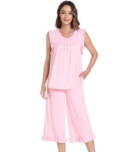 Liquidación de Stock: Conjunto de Pijama de Bambú para Mujer, Sin Mangas, Cuello Redondo, Color Azul Marino Sólido, Ropa de Dormir Suave, Disponible para Venta al Por Mayor - Product Image 3