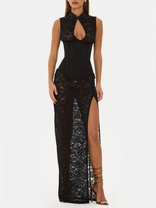 Combinaison moulante en dentelle ajourée pour femme 2026, col montant, manches longues, corset à nouer à la taille, idéale pour les soirées en club - Product Image 1