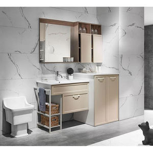 <span class=keywords><strong>Meuble</strong></span>-lavabo mural flottant moderne en PVC beige de style transitoire, étanche, avec vasque et miroir - Product Image 1