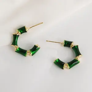 Minimalist fashion jewellery 18k gold Bamboo Enamel Teal Stripe huggie hoop earrings