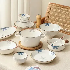 Desain baru rasa tinta biru bunga keramik peralatan makan coklat Margin Pit pinggiran gelombang mangkuk dan piring makan malam Set untuk hadiah
