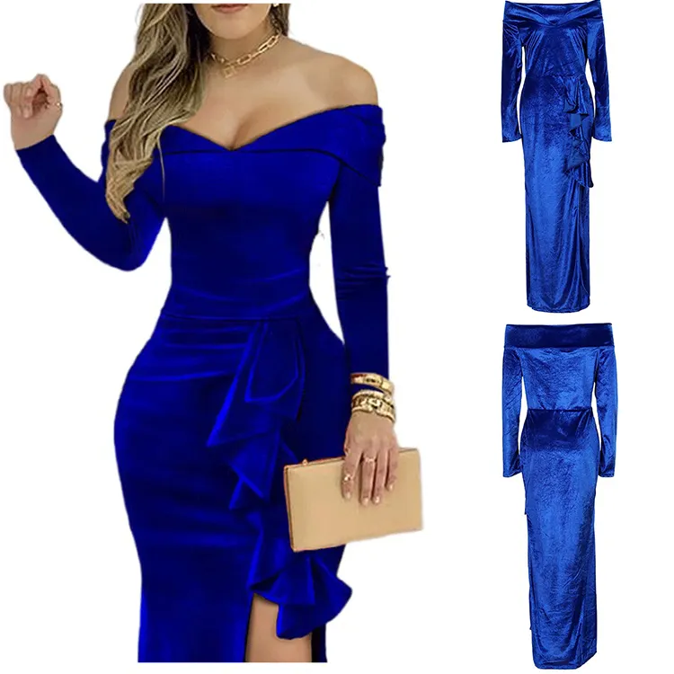 2022 lady sexy formal elegant party prom evening gowns ladies long sleeve blue Velvet bodycon long evening dress for women