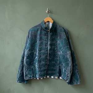 Handcrafted Teal Blue <b>Velvet</b> Suzani Embroidered Jacket <b>Women</b> Open Front Mandarin Collar Short <b>Coat</b> Reversible Boho Outerwear - Product Image 1