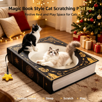 Arbre à chat Magic BookStyle grand format avec griffoir et lit intégré, motif vache noir, durable, résistant aux griffures, respirant, en carton ondulé