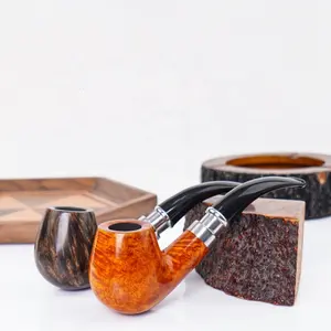 MUXIANG Wholesale Bent Wood Tobacco Pipe Special Metal Ring Smoking Pipe