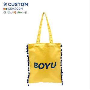 Bolsa de Mano Personalizada con Diseño de Letras Amarillas, Asa Larga, Bolsa de Compras de Lona con Asas de Borla, OEM ODM, Bolsa de Transporte para Compras - Product Image 1