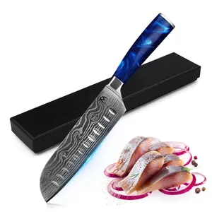 Pisau Couteau Santoku Cuchillo 7 "दमिश्क पैटर्न स्टेनलेस स्टील चाकू लक्जरी जापानी सब्जी फल नक्काशी Santoku चाकू