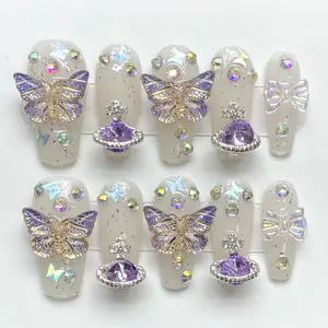Purple Crystal Star White Jelly Square y2k 3d Handmade Press On Full Cover Artificial Very Good Butterfly Nail Business Supplies