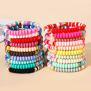 Colorful Polymer Clay <b>Bracelets</b> Women's Bohemian Style Elastic <b>Rope</b> Beach Jewelry 5 Piece Pack - Product Image 1