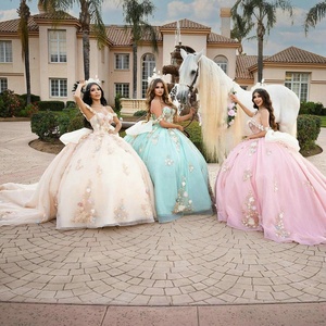 Mumuleo Robes de Quinceanera roses à épaules décolletées avec décolleté en cœur et appliques en dentelle avec fleurs multicolores - Product Image 2