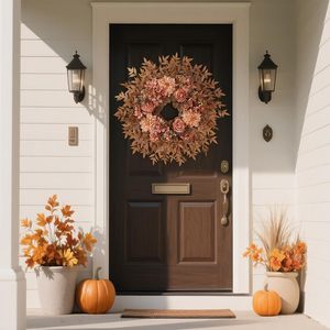 Easy To Obtain Maple Leaf <b>Wreath</b> With Peony And Rose Plastic Autumn Door Hanging Decoration For Harvest Festival Thanksgiving - Product Image 2