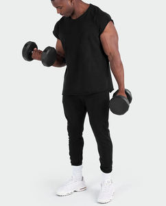 Vente en gros de t-shirt <span class=keywords><strong>sans</strong></span> manches noir 100% coton pour hommes coupe brute col rond débardeur Gym musculation débardeur - Product Image 4