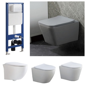 <span class=keywords><strong>WC</strong></span> <span class=keywords><strong>suspendu</strong></span> moderne sans bride, avec réservoir encastré, cadre complet, céramique blanche mate et grise - Product Image 1