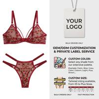 Nouvel ensemble de lingerie sexy rouge en dentelle écologique et respirante pour femme, broderie florale exotique, soutien-gorge et culotte transparents à bretelles, 2 pièces