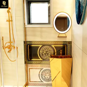 Springletile600x1200高級バスルームセラミックブラックとゴールドのタイルヴィラクラシックな磨かれた床装飾的な壁のタイル