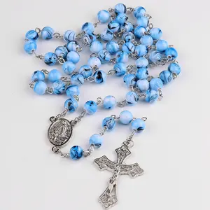 ブルー8mmアクリルビーズルルドの聖母とシルバーの十字架が付いた聖ベルナデットロザリオ