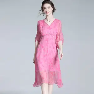 Summer 2024 New Temperament French Sweet Pink Floral Dress Ladies Noble Luxurious Silk Dress 100% Mulberry Silk Dresses Women