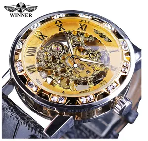 Relojes de pulsera Winner para hombre, reloj de lujo transparente dorado, diseño informal, relojes de cuero marrón para hombre, reloj mecánico con esqueleto