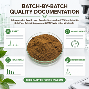 Ashwagandha-Wurzelextrakt-Pulver Standardisierte Withanolide 5% Großhandel Pflanzenextrakt-Nahrungsergänzungsmittel OEM Private Label - Product Image 3