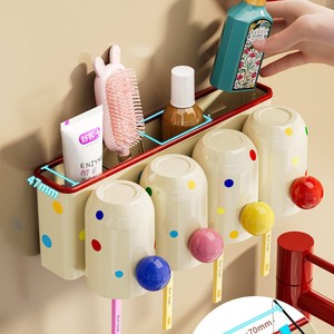 Wall Mounted <b>Toothbrush</b> <b>Holder</b> With Suction Cup 4 Cups Storage Rack For Bathroom Space Saving Design - Product Image 1