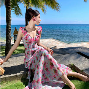 Vestido de Gasa con Volantes Florales, Cuello en V, Corte Regular, Dos Usos, Secado Rápido, Traje de Baño, Verano 2025 - Product Image 3