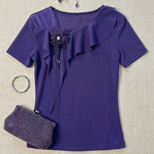 Summer New Women's Pullover Short-sleeved Top Western Style Oblique Collar Ruffled Handmade Flower Beads Tight Waist Slimming T - Product Image 5