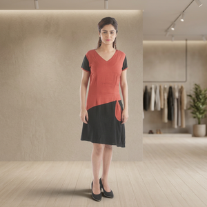Top vente à la mode élégante robe au genou avec demi-manches et bas asymétrique en couleur bicolore pour femmes - Product Image 2