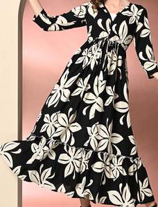 Vestido maxi de longitud media informal para mujer de color rosa sólido estampado floral hecho a mano forma personalizada técnica teñida Lisa tejido - Product Image 5