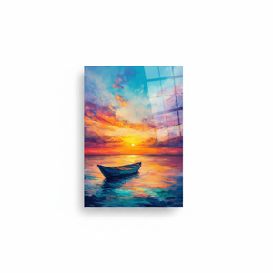 Sunset Boat Canvas <b>Print</b>: Vibrant <b>Seascape</b> Artwork, Peaceful Ocean Scene,TEMPERED GLASS ART - Product Image 2