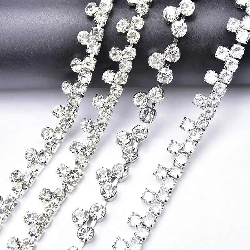 Wholesale Crystal Flower Chain Silver 3 Glass Zircon Diamonds 1Cm Wide Rhinestone Trim Diy Craft Clothing Dress Sew On Shoes Bag