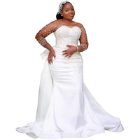 Robes de mariée sirène de luxe en perles grande taille avec traîne détachable, appliques en dentelle, manches longues, personnalisables
