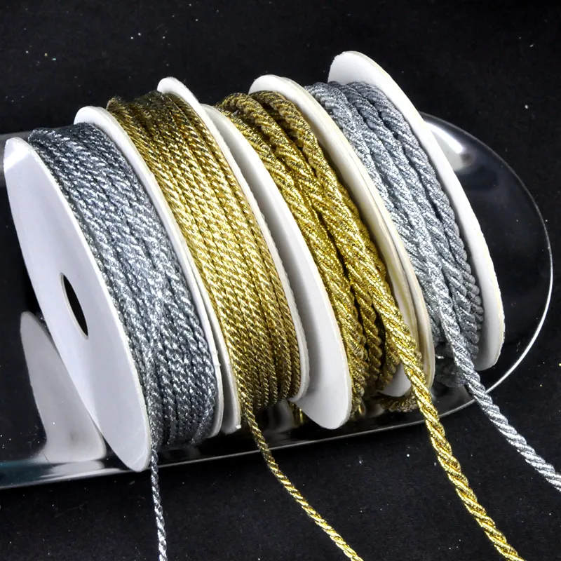 For Necklace and Bracelet Making, Gift Packaging Polyester Cord 3stranded Gold or Silver Twisted Decorative Cord 1mm 2mm O 3mm