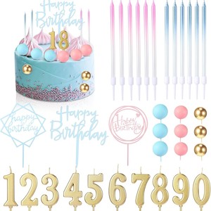Kit de décoration de gâteau d'anniversaire 34 pièces, bougies fines dégradées, topper en acrylique avec inscription, sphère, chiffres 0-9, or, fournitures de fête - Product Image 5