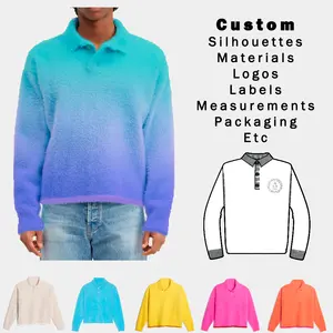 KD Knitwear Manufacturer Custom Ribbed Cuffs Contrast Hem Fluffy Long Sleeve Polo Brushed Mohair Faux Fur Knit Men Sweater