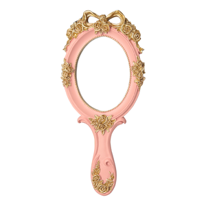奢华欧洲便携式椭圆形压花玫瑰旅行公主金属化妆品手持化妆复古带手柄手镜 - Product Image 1