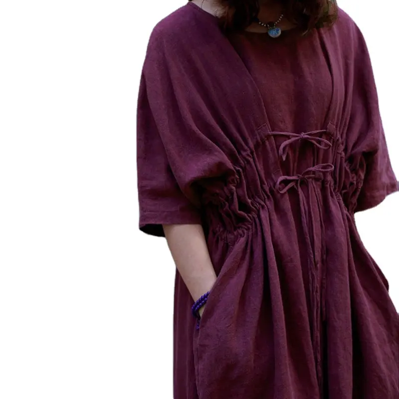 2023 Spring Summer High Quality New Retro Style Half Sleeve Casual Loose Maxi Linen Dress For Ladies