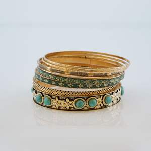 Ensemble de bracelets vintage en cuivre plaqué or 14 carats avec 7 boules turquoise, modèle Tiyo ABB085, pour femme, usage quotidien, origine Zhejiang, collection Printemps 2025 - Product Image 1