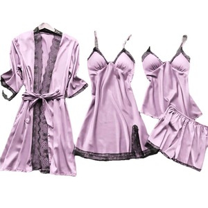 Cross-Border Dames Sexy Vierdelige Pyjama Set Koreaanse Stijl Suspender Loungewear Slaapjas Borstpads Satijn 2023 - Product Image 5