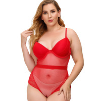 Body sculptant sexy grande taille pour femme en tissu résille rouge, avec décolleté en V ajouré, dentelle et maille, effet push-up poitrine, respirant