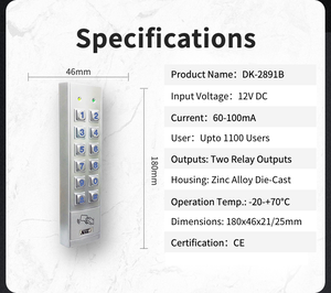 แป้นพิมพ์ควบคุมการเข้าออกสแตนเลส APO พร้อมเครื่องอ่านบัตร RFID 13.56MHz รองรับ MIFARE สีเงิน - Product Image 2