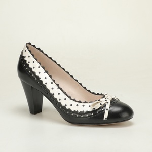 Schwarz-<span class=keywords><strong>wei</strong></span>ße gepunktete <span class=keywords><strong>Pumps</strong></span> mit gewelltem Rand und Schleife, <span class=keywords><strong>Blockabsatz</strong></span>, Vintage-Stil, runde Zehenpartie, mädchenhafte Büro-Absätze, Vintage-Dating-Eleganz, mittelhohe Absätze - Product Image 1