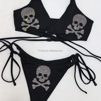 Ensemble 2 pièces S752 pour femme : Tenue de danse exotique, maillot de bain, tenue de club, dos nu, couleur unie, orné de strass scintillants
