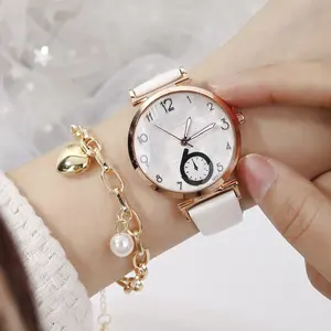 6081 очаровательные кварцевые часы с большими цифрами для девочек, 2 шт., комплекты золотых браслетов, кожаный браслет, женские наручные часы, relogio masculino