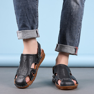 Men Genuine Leather T-Strap <b>Sandals</b> <b>Closed</b> <b>Toe</b> Oxford Outsole Breathable Casual Beach Shoes - Product Image 3