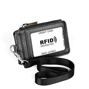 กระเป๋าสตางค์หนัง PU ID ผู้ถือบัตรมีซิป,1ด้าน RFID บล็อกกระเป๋าและสายคล้องคอสำหรับสำนักงาน ID