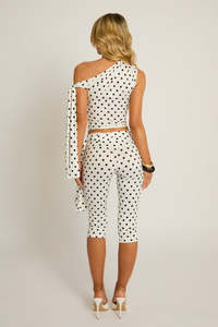 Slinky Fabric <b>White</b> Polka Dot Tie Shoulder Asymmetric Neckline Sleeveless Top and Matching Capri Length Pants <b>Set</b> Activewear - Product Image 2