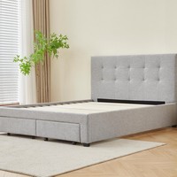 Meubles de chambre à coucher minimalistes luxueux, cadre de lit king size rembourré en tissu doux avec tête de lit double et rangement